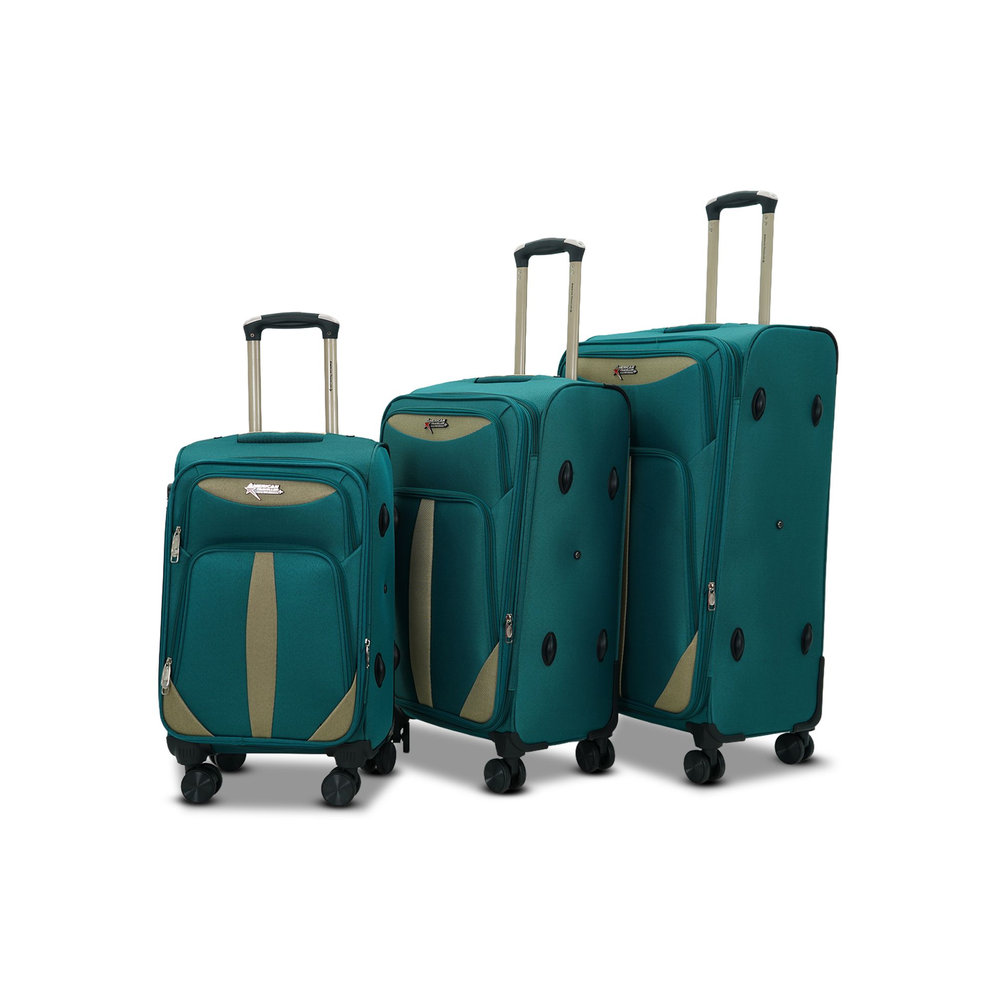 AMERICAN TRAVELLER TourisForever Trolley Bag Set of 3 | Cabin, Medium, Large | Expandable Travel Suitcase | Heavy-Duty Nylon | 3 Digit Number Lock | 360 Lego Wheels | Durable Handle (3, Tea Green)