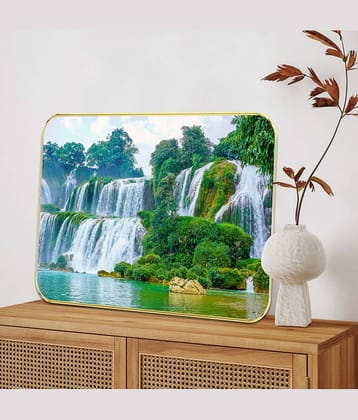 Livin'luxe Majestic Waterfall Wall Painting | Lush Green Forest Stream Art with Golden Frame for Home Décor 13.5 Inch x 19.5 Inch