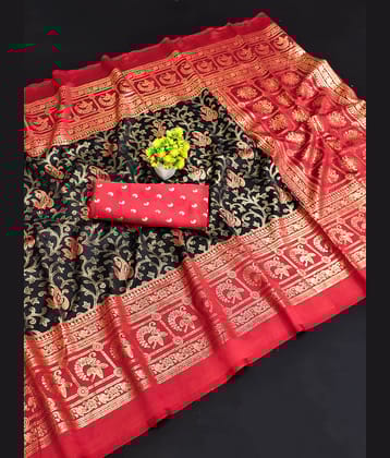 Kanooda Prints Art Silk Printed Saree With Unstitched Blouse Piece ( Black )