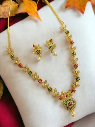 Traditional Gold Plated Peacock Necklace Set-Red-Green / Gold Plated