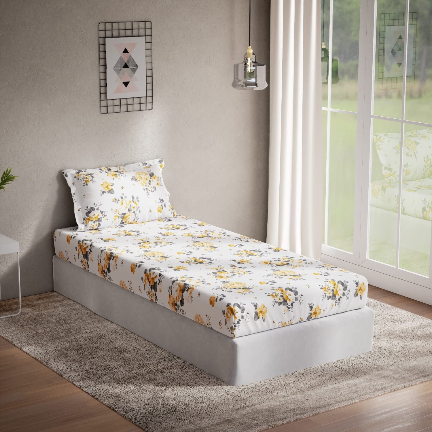 DDECOR - Alpha Collection 100% Cotton Floral Pattern 144 TC Single Bedsheet|152 CM X 224 CM| - Yellow
