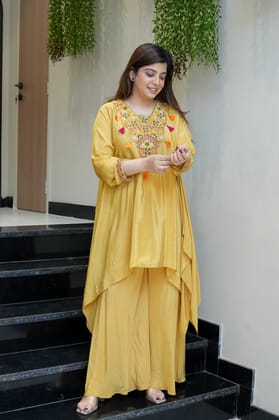 Saafi Yellow Embroidered Co ord Sets-XL