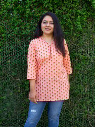 Coral Peach Floral Cotton Kurti-S