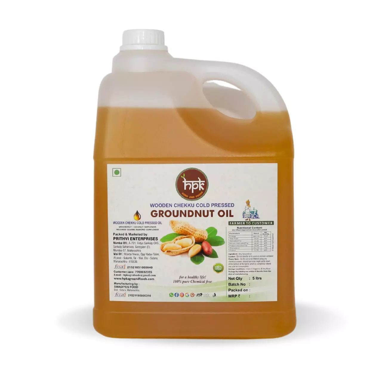 HPK Agro & Foods 100% Pure & Natural Groundnut Oil | Cold Pressed & Unrefined | Rich Source of Healthy Fats, Omega-6 & Vitamin E | Ideal for Deep Frying, Cooking, Baking & Traditional Recipes