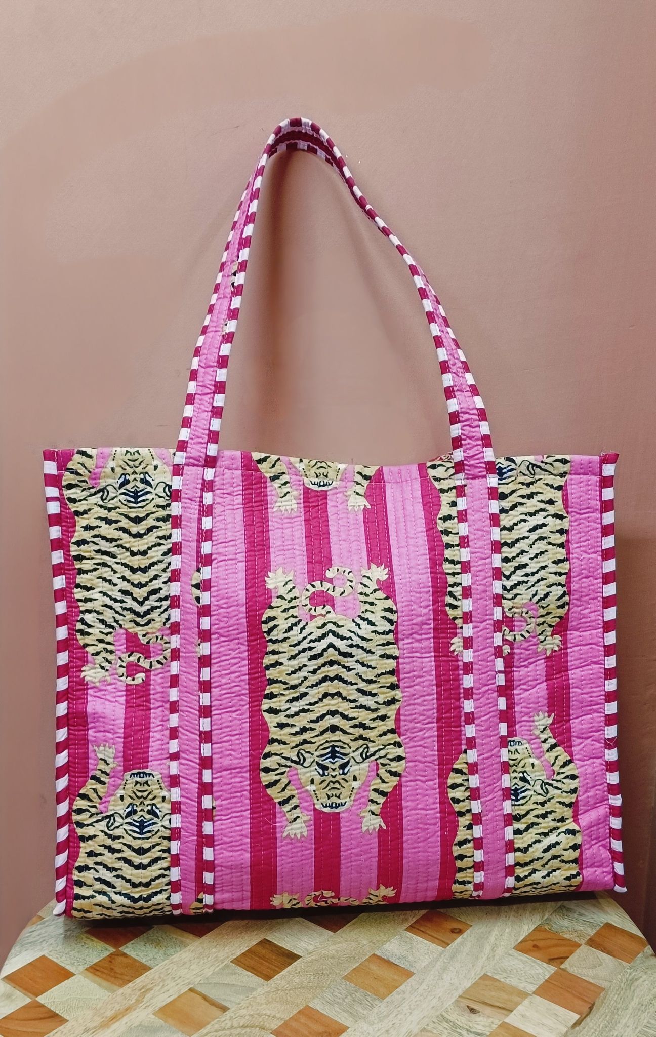 Handblock Printed Quilted Tote Bag with concealed zip ( 17x18x 6 inches)
