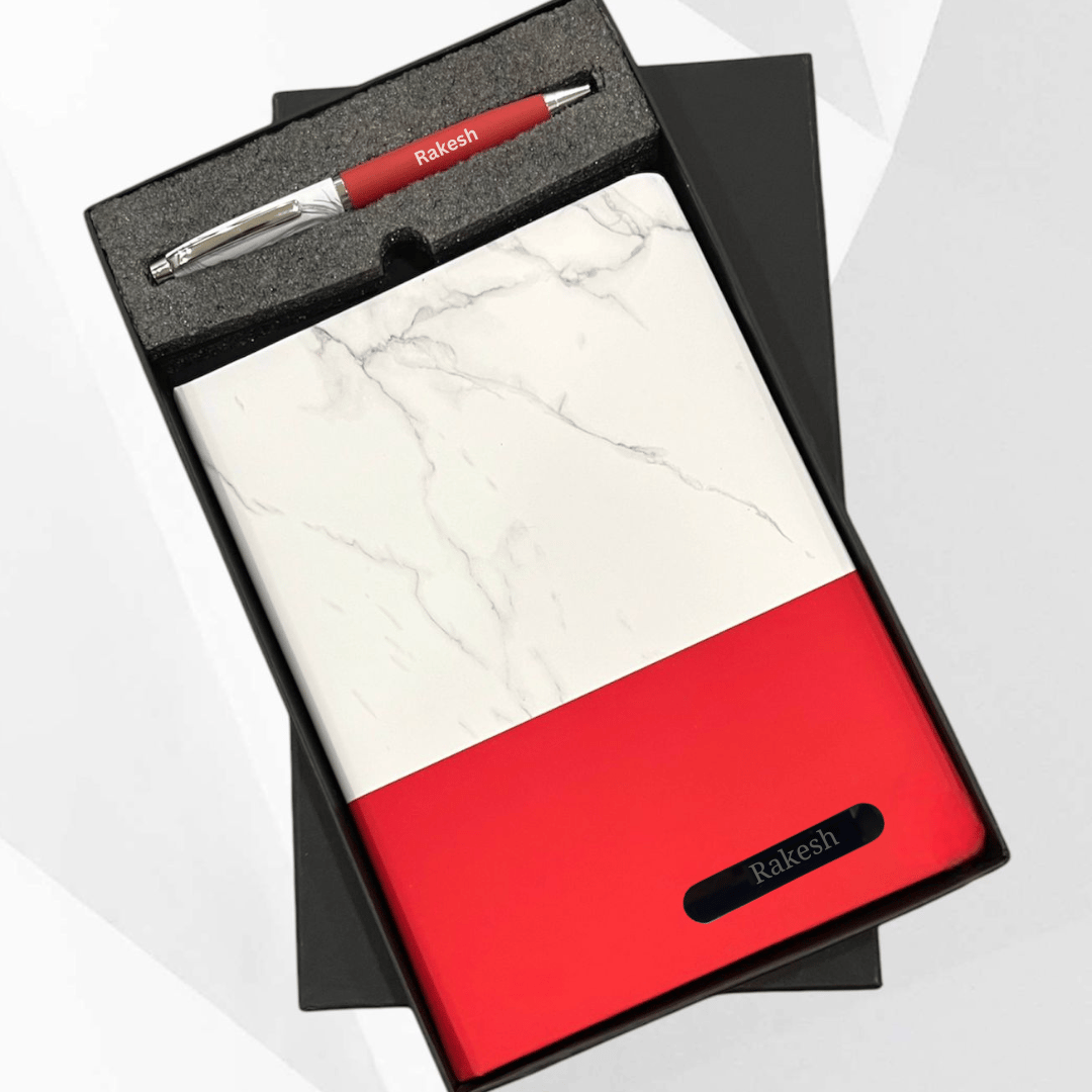 Personalized Marble Finish Dairy and Metal Pen Combo-Red