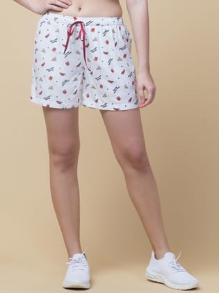 Hive91 Rayon White Fruit Printed Short for Women