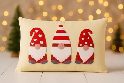 Christmas Gnome Embroidered set of 2 Cushion with Fillers – Cotton, Hand Thread-Work Design –
