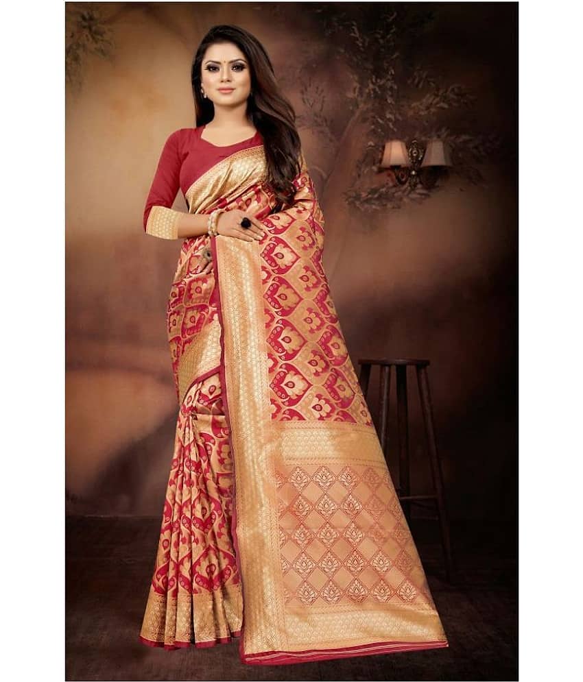 Gazal Fashions Banarasi Silk Saree With Unstitched Blouse Piece ( Red )