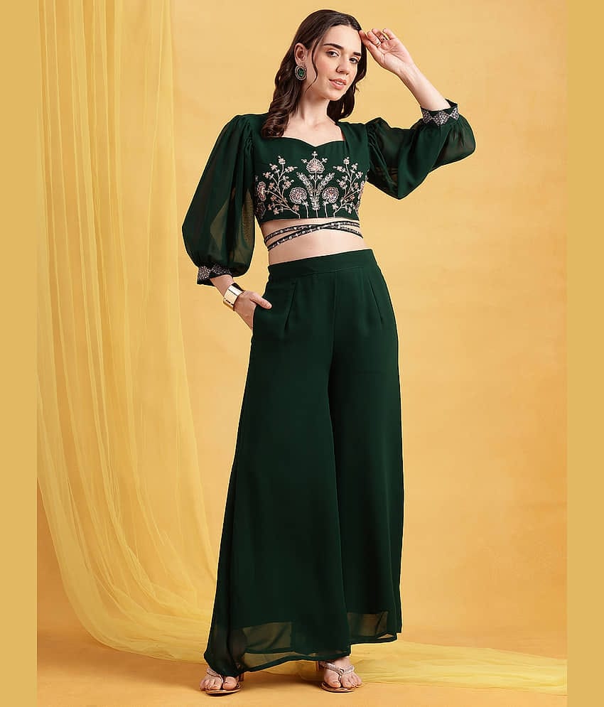 Vbuyz Women Embroidered Top With Palazzos Co-Ord Set ( Green )