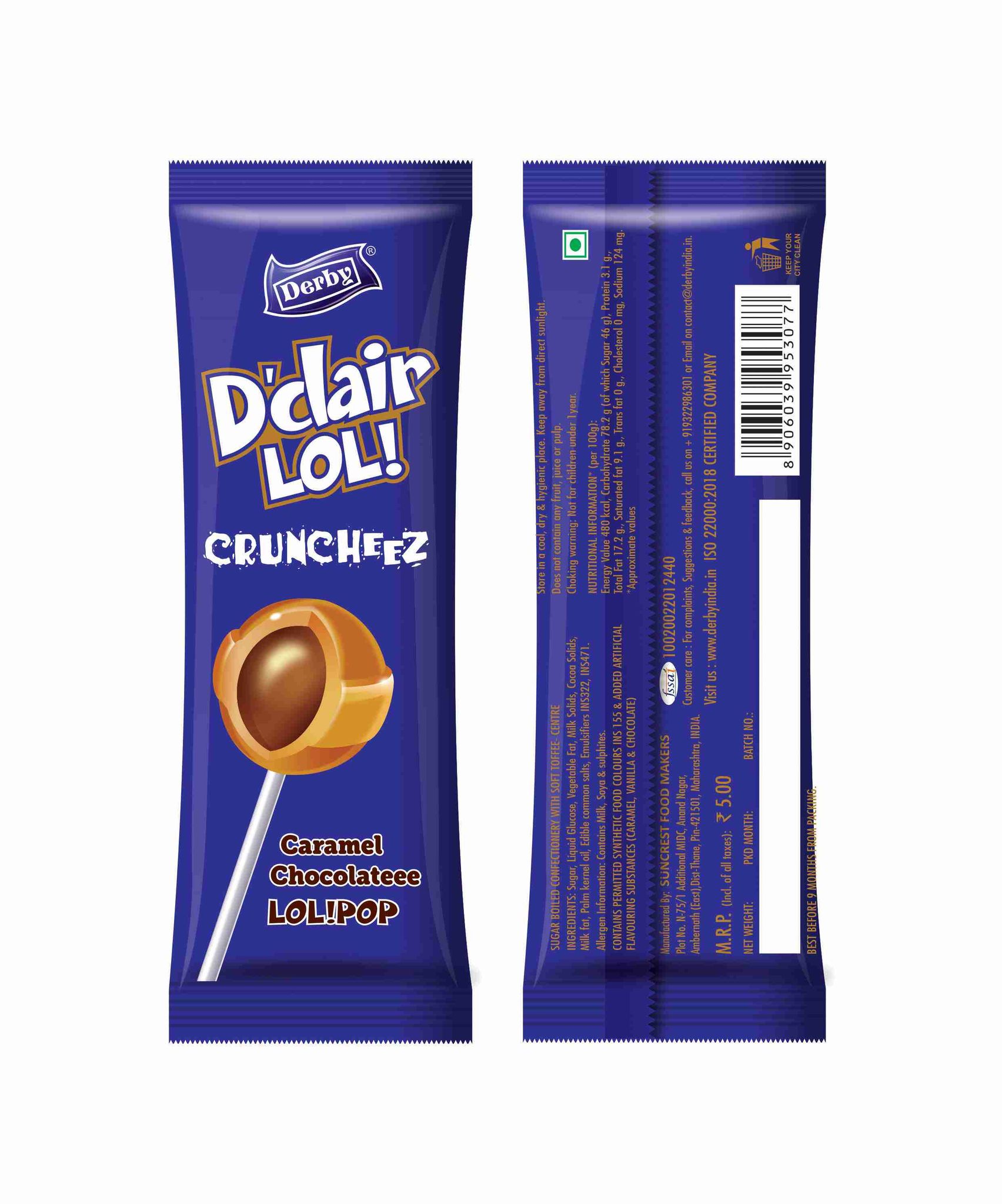 Derby Dclair Lollipo Chocolaty Center Filled Standy Pouch 10PCs - Pack Of 85