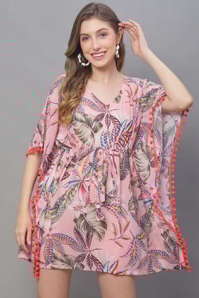 Pink Color Tropical Printed Georgette Beachwear Cover up Kaftan-ONESIZE