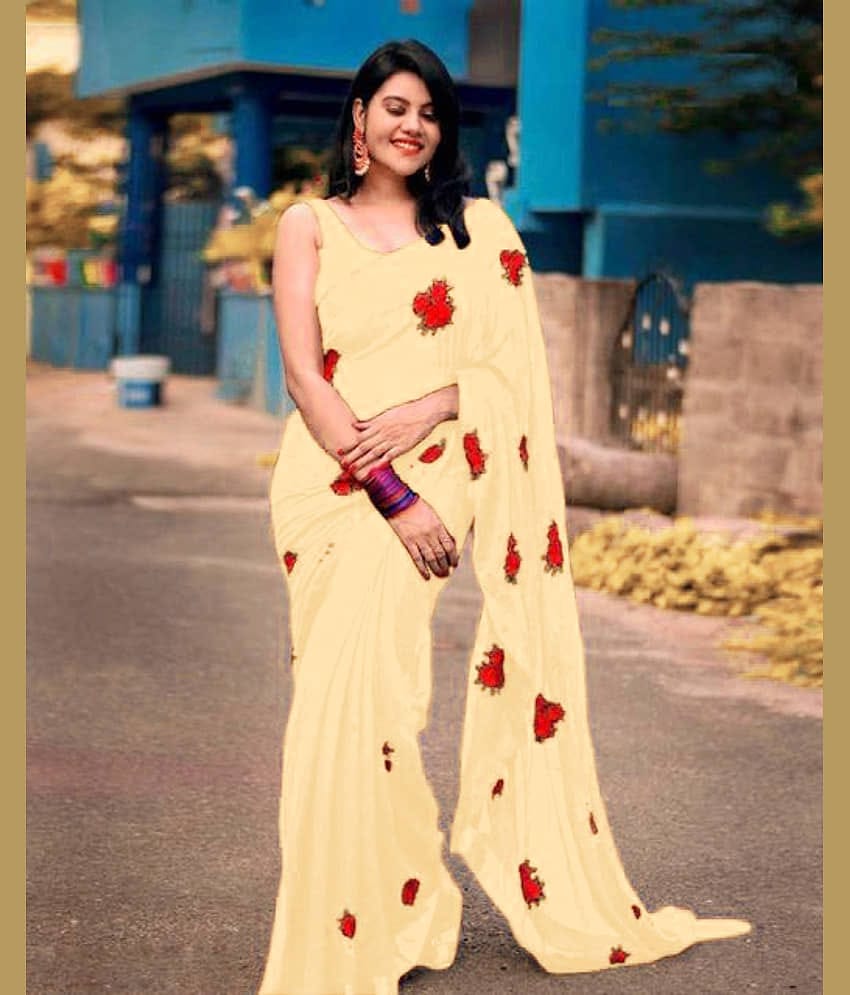 Bhuwal Fashion Georgette Embroidered Saree With Unstitched Blouse Piece ( Beige )