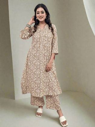 Brown Printed A Line Cotton Coord Set-S