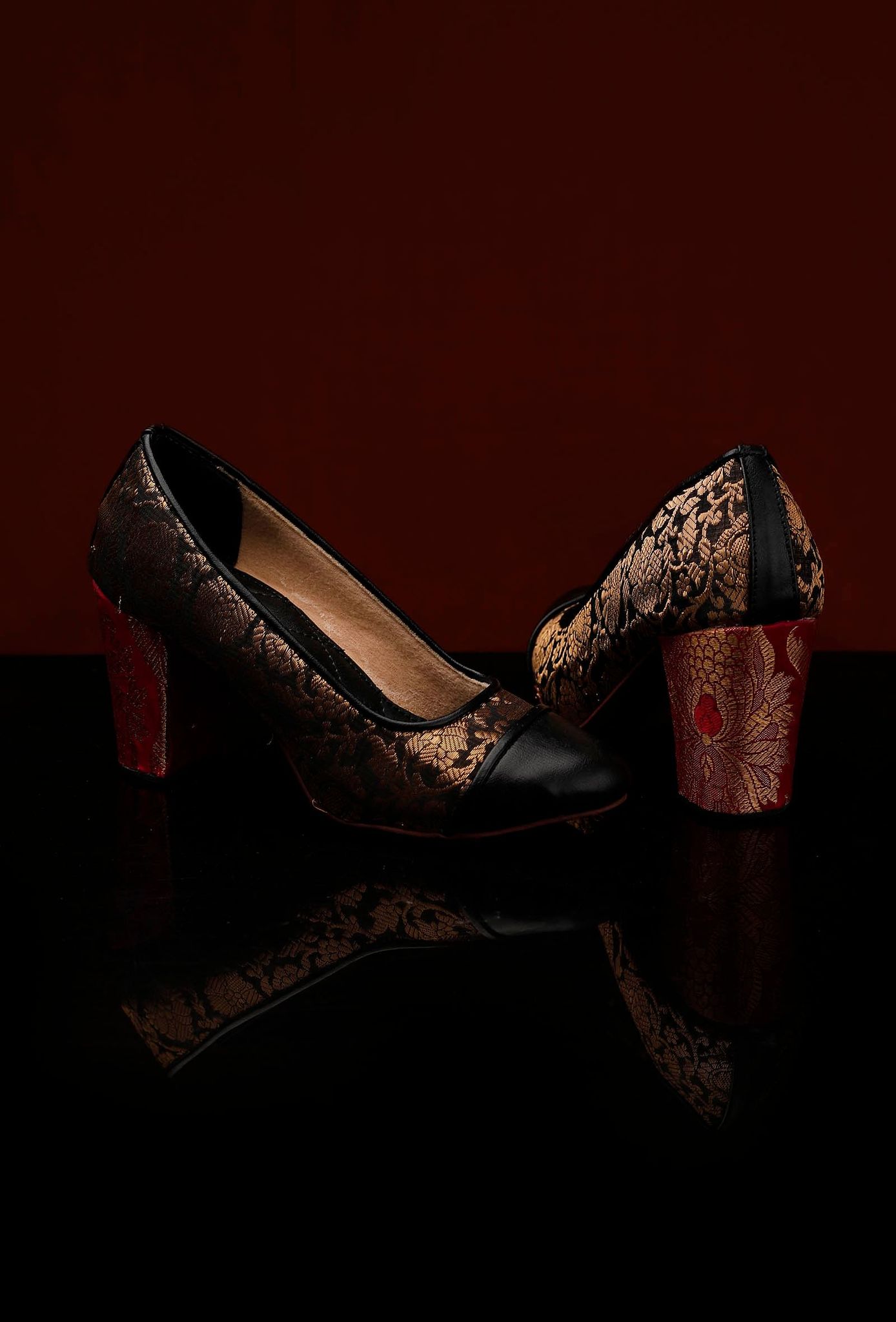 Black Brocade Heels with Pink Brocade Block Heels-36