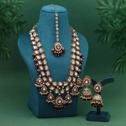 Maroon Color Meena Work Kundan Necklace Set (KN1453MRN)-Adjustable Rope / Maroon / Alloy With Good Quality Gold Plated