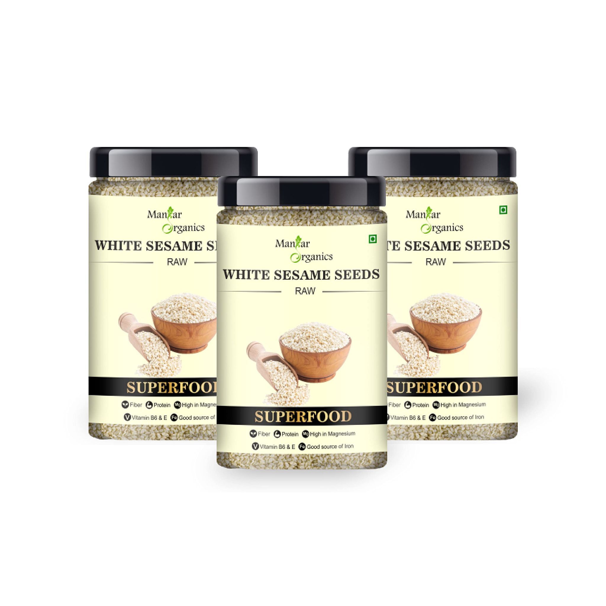 ManHar Organics White Sesame Seeds for Eating 1425gm Jar- Safed Til |Healthy Snacking||High in Protein| ( pack of 3, 475gm each )