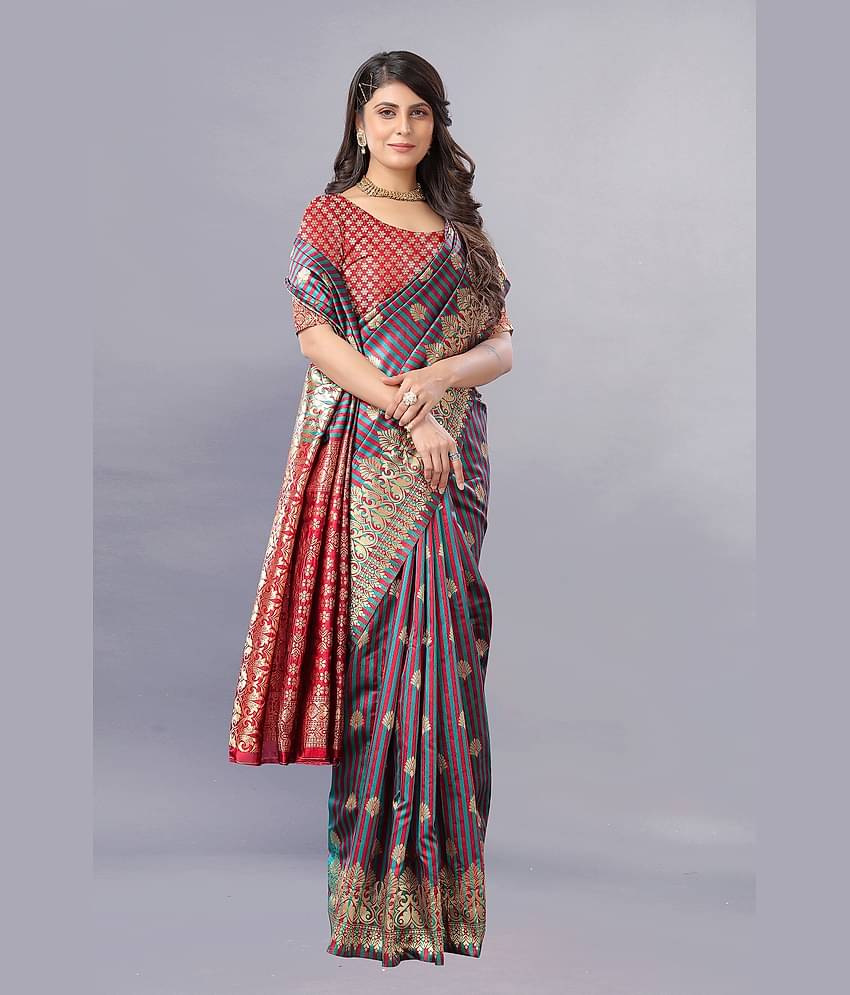 Gazal Fashions Banarasi Silk Embellished Saree With Unstitched Blouse Piece ( Multicolour )