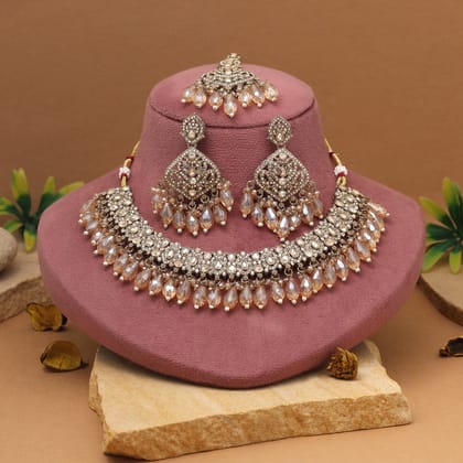 Premium Gold Color Pakistani Kundan Necklace Set-Necklace Length: 20.00 CM x Width: 3.50 CM / Gold / Alloy With Good Quality Gold Plated