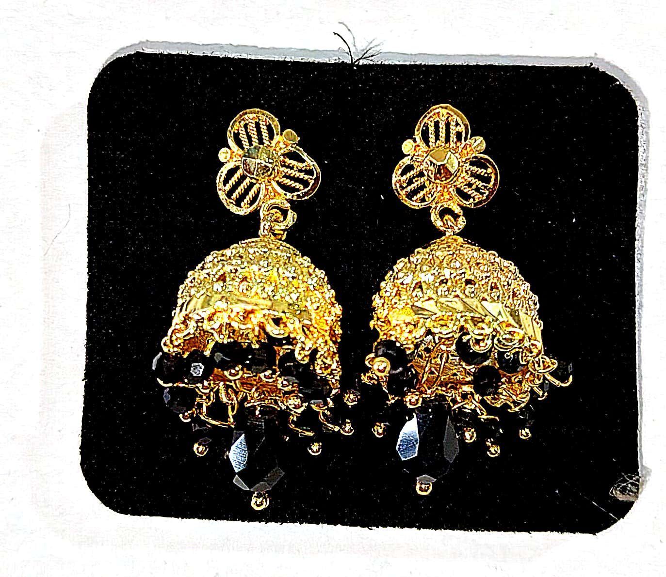 Gold Plated Traditional Indian Jhumka Earrings With Black Beads