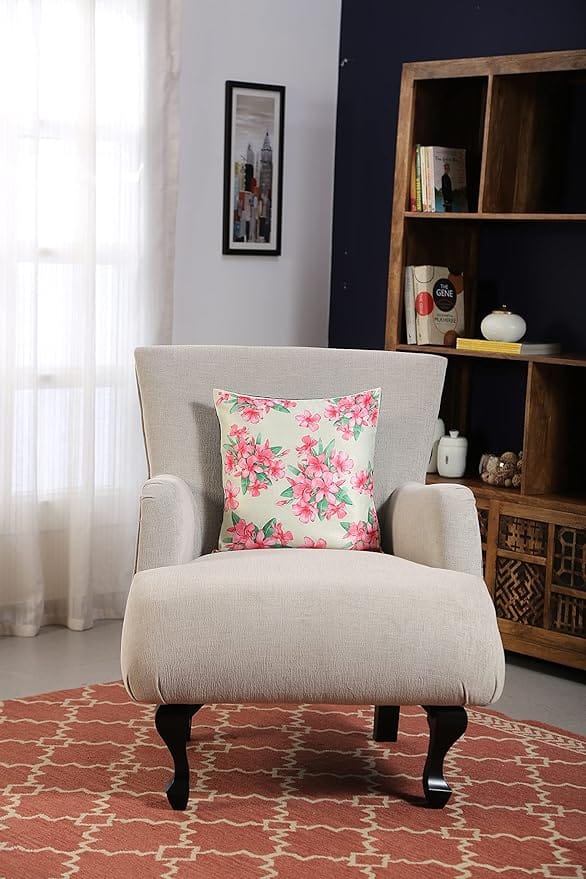 Koko Decorative 16x16 Inch Polyester Cushion Cover Soft Textured Cream Floral Print Design | Square Pillow Cover for Bed, Sofa, Chair | Set of 1