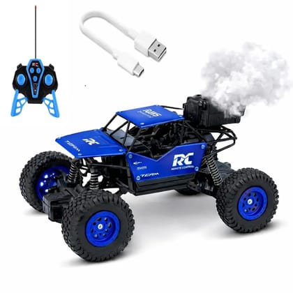 Rechargeable Remote Control Rock Crawler Car with Mist Smoke,Monster Truck with Spray for Kids, RC High Speed 4x4 Off-Road Car (Blue)