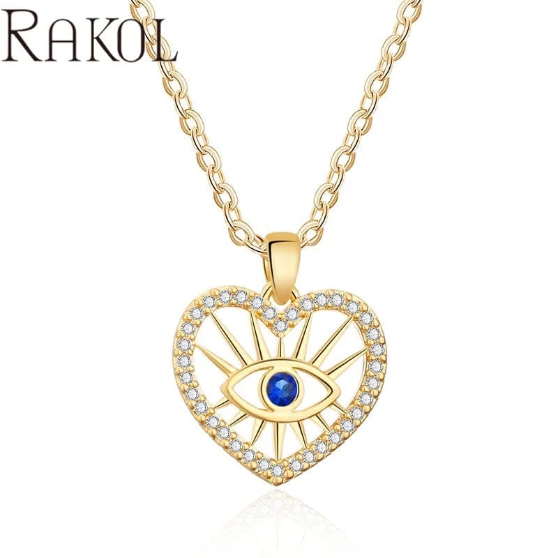 RAKOL NP5118 Women Luxury Shiny Necklace Jewelry 18k Gold Plated Aaa Zircon Geometric Round Oval Fatima Palm Blue Eye Penda