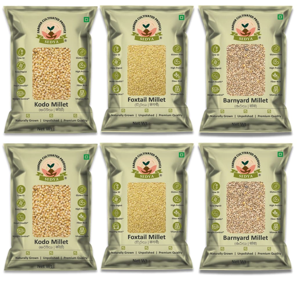 Sedya Millets 3 KG Combo Pack | Kodo, Foxtail, Barnyard Millet | 6 x 500g Packs | Naturally Grown, Unpolished & Premium Quality
