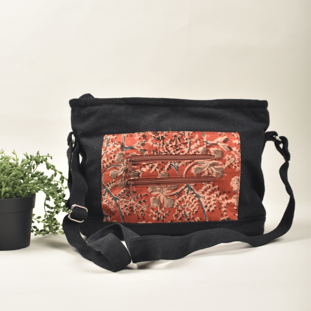 Multi Pocket Canvas Purse With Red Kalamkari Fabric