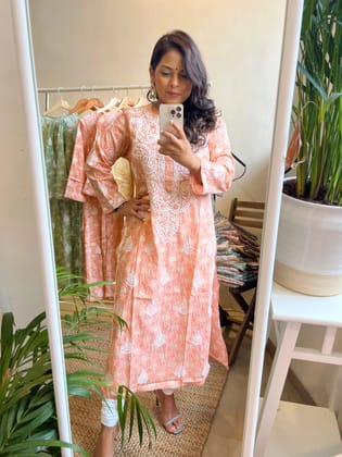 Mul Cotton Printed Chikankari Kurti - Peach-Peach / cotton / S