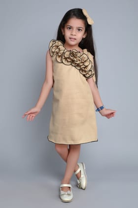 One Shoulder Ruffle Aline Dress with Matching Bow Clip -Beige-1-2Y / Beige