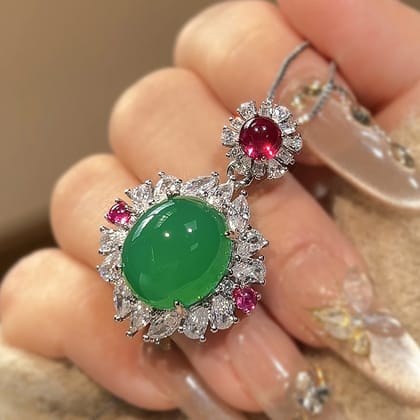 Simulation Green Cubic Zirconia Silver Anti Tarnish Necklace Ring Set For Women-Necklace