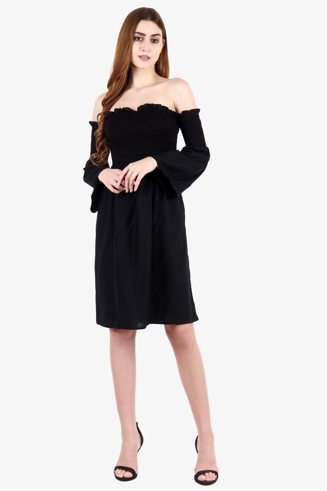Black Solid Smocking Dress-L / Black