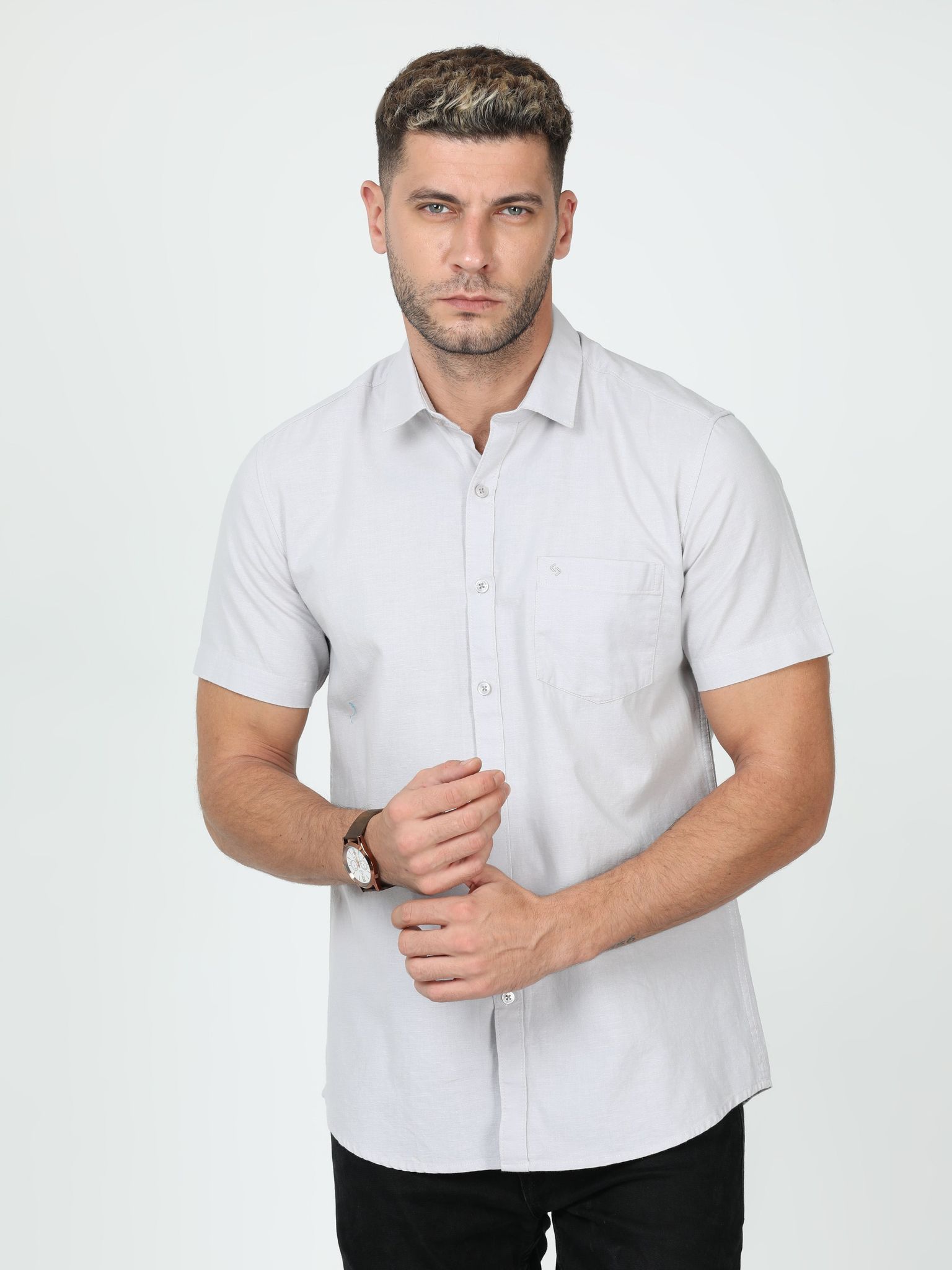 Classic Polo Mens Linen Cotton Half Sleeve Slim Fit Polo Neck Grey Color Woven Shirt | Linen - 26 A-HS-SLD-SF