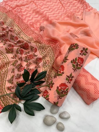 Pure Cotton Unstitched Suit With Chiffon Dupatta-As shown in picture / 2.5 mtr each / Pure cotton with chiffon dupatta