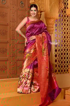 Shubh ~ Premium! Handloom Pure Silk Half All Over Paithani with Lotus & Floral Weave in Bestselling Mauve Pink