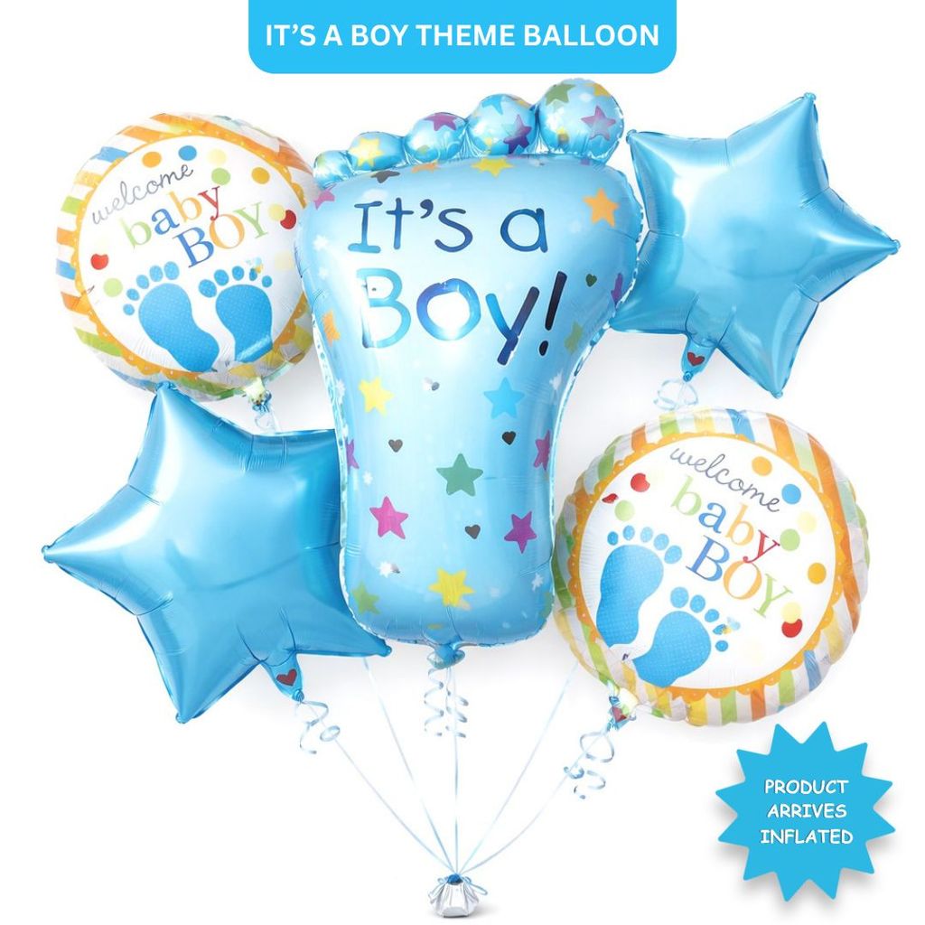It’s a Boy Feet Shaped Helium Balloon Set of 5 (Baby Feet + Welcome Baby Boy + Blue Star Balloons) | Pre-Inflated & Delivered | Baby Shower Decoration - Party and Festive Needs | Buy online on ZillyBuy