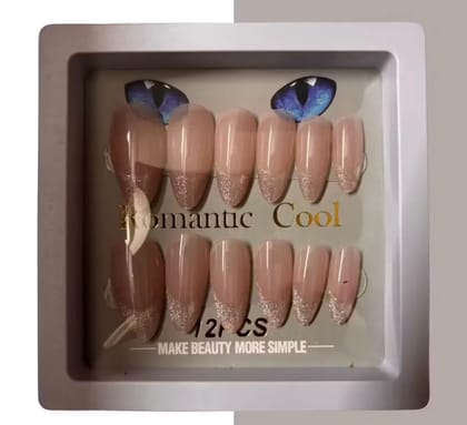 Kozykit Pink & Silver Half Glitter Press-On Nails Set for Women | Glossy Artificial Fake Nail Extensions | Half Silver Glitter Design | Reusable Stick-On Nails with Free Nail Kit