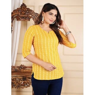 Womens Striped Cotton Blend Straight Kurti Top Casual, Comfortable  Stylish Everyday Wear (Yellow)