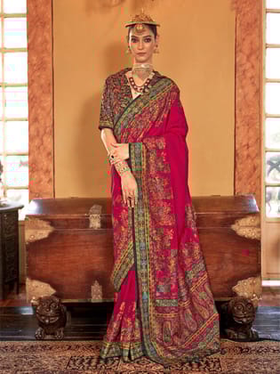 Red Poly Viscose Silk Paisley Print Banarasi Saree