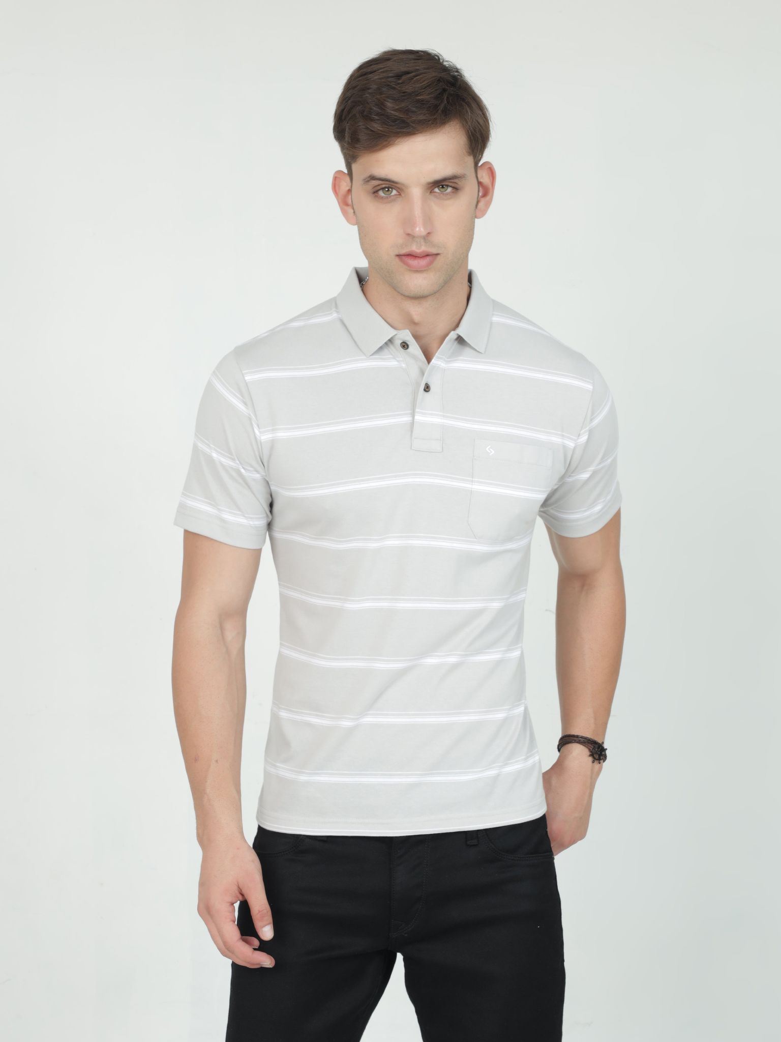 Classic Polo Mens Casual Grey Striped Cotton T-Shirt | F-AVON - 113 A AF P