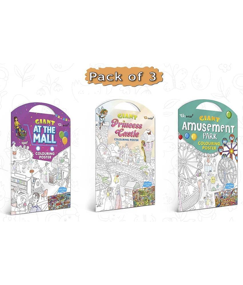 GIANT AT THE MALL COLOURING POSTER, GIANT PRINCESS CASTLE COLOURING POSTER and GIANT AMUSEMENT PARK COLOURING POSTER | Combo pack of 3 Posters I Premium Quality coloring posters