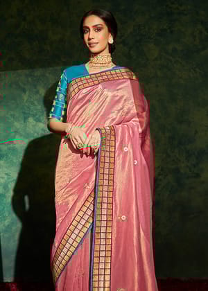 Pacific Peach Embroidered Silk Saree With Designer Blouse