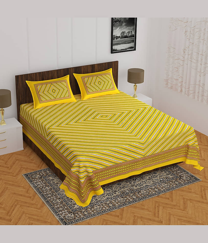ABHACLOTHO Cotton 1 Double Bedsheet with 2 Pillow Covers ( Yellow )