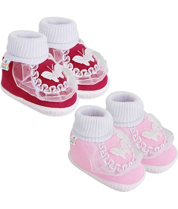 Neska Moda Set of 2 Pair Baby Boys & Baby Girls Butterfly Frill Cotton Booties For 12 to 24 Months (Maroon,Pink)