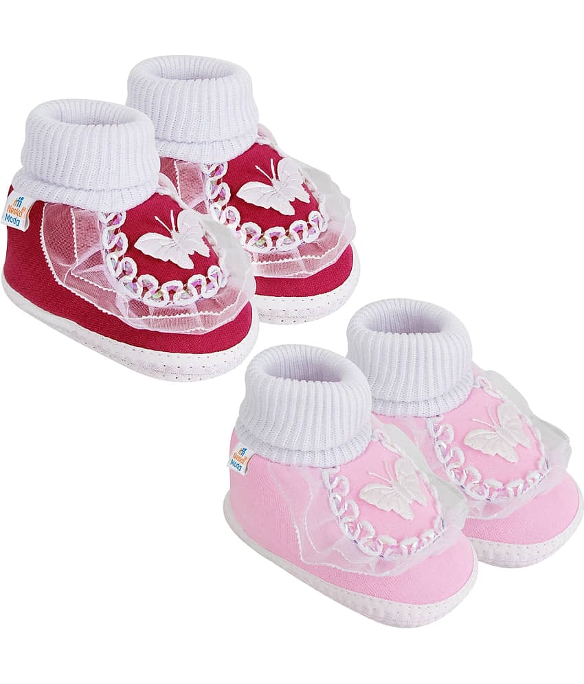 Neska Moda Set of 2 Pair Baby Boys & Baby Girls Butterfly Frill Cotton Booties For 12 to 24 Months (Maroon,Pink)