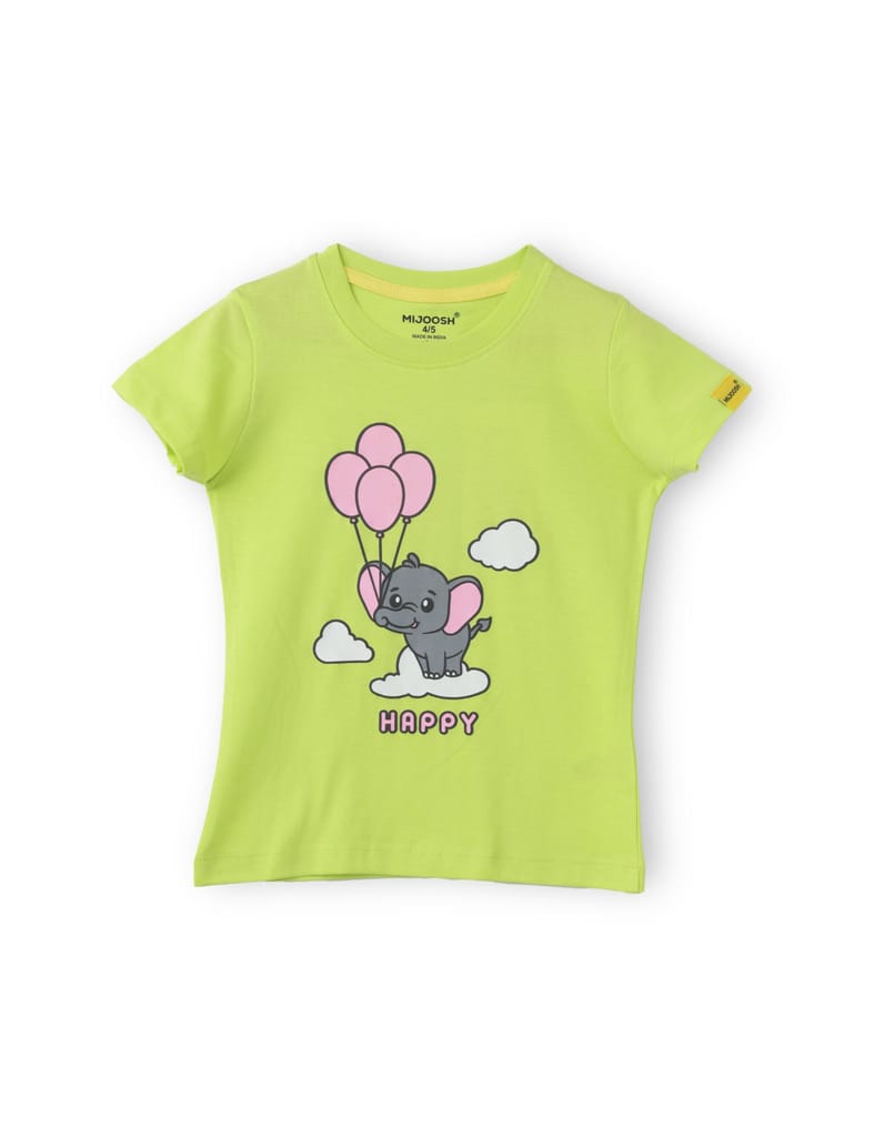 Elegant Kids Girls T shirt Cotton Acid Lime Green Happy Baby Elephant 2025 at ShopCircuit | ONDC
