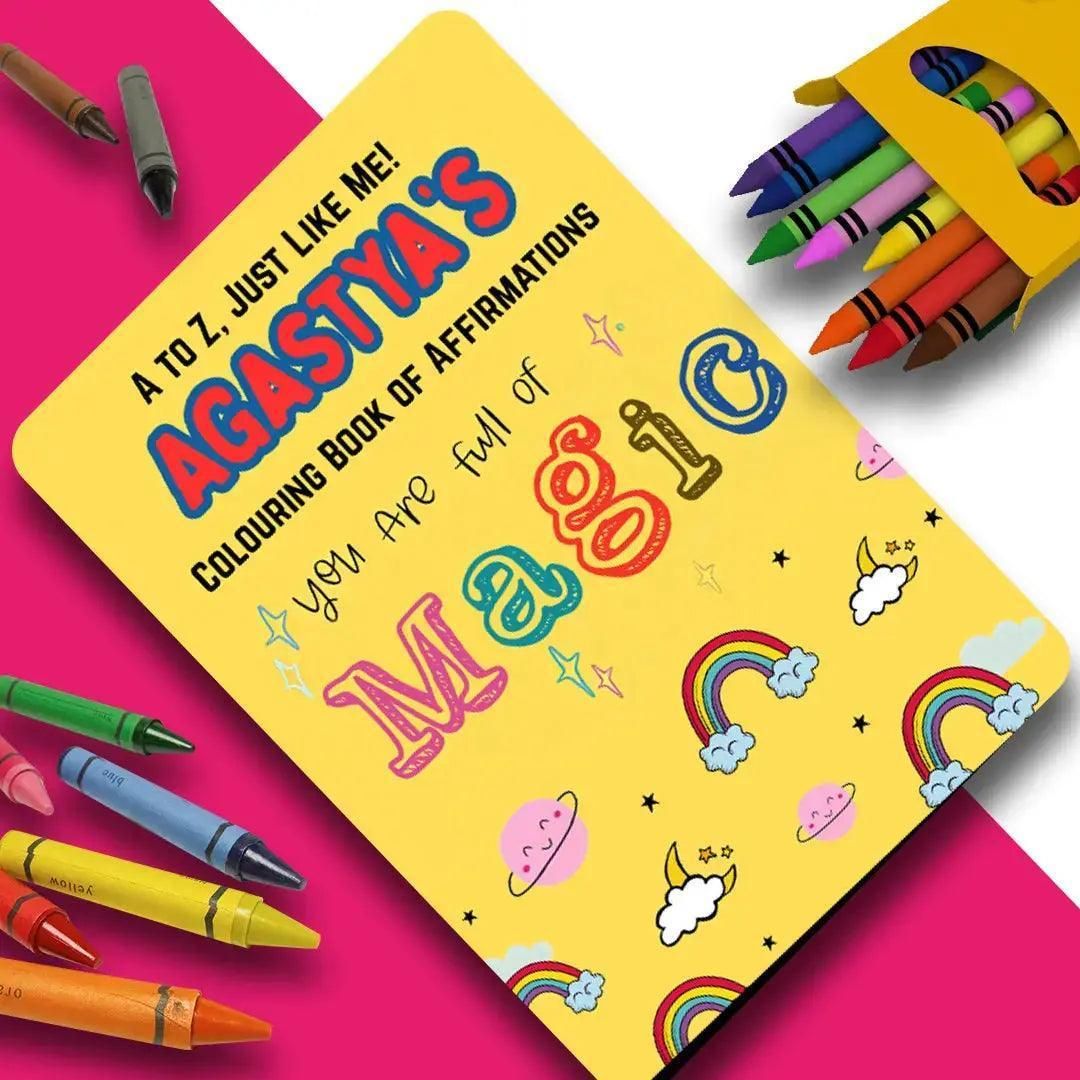Personalised Colouring Book with Custom Faber-Castell Crayon Box-Alphabet – for A–Z Colouring Book of Affirmations