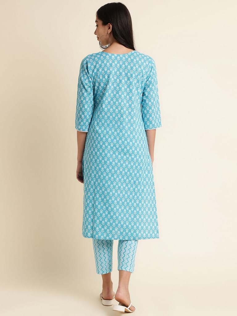 Women's Sky Blue Floral Block Print Cotton Kurta Set