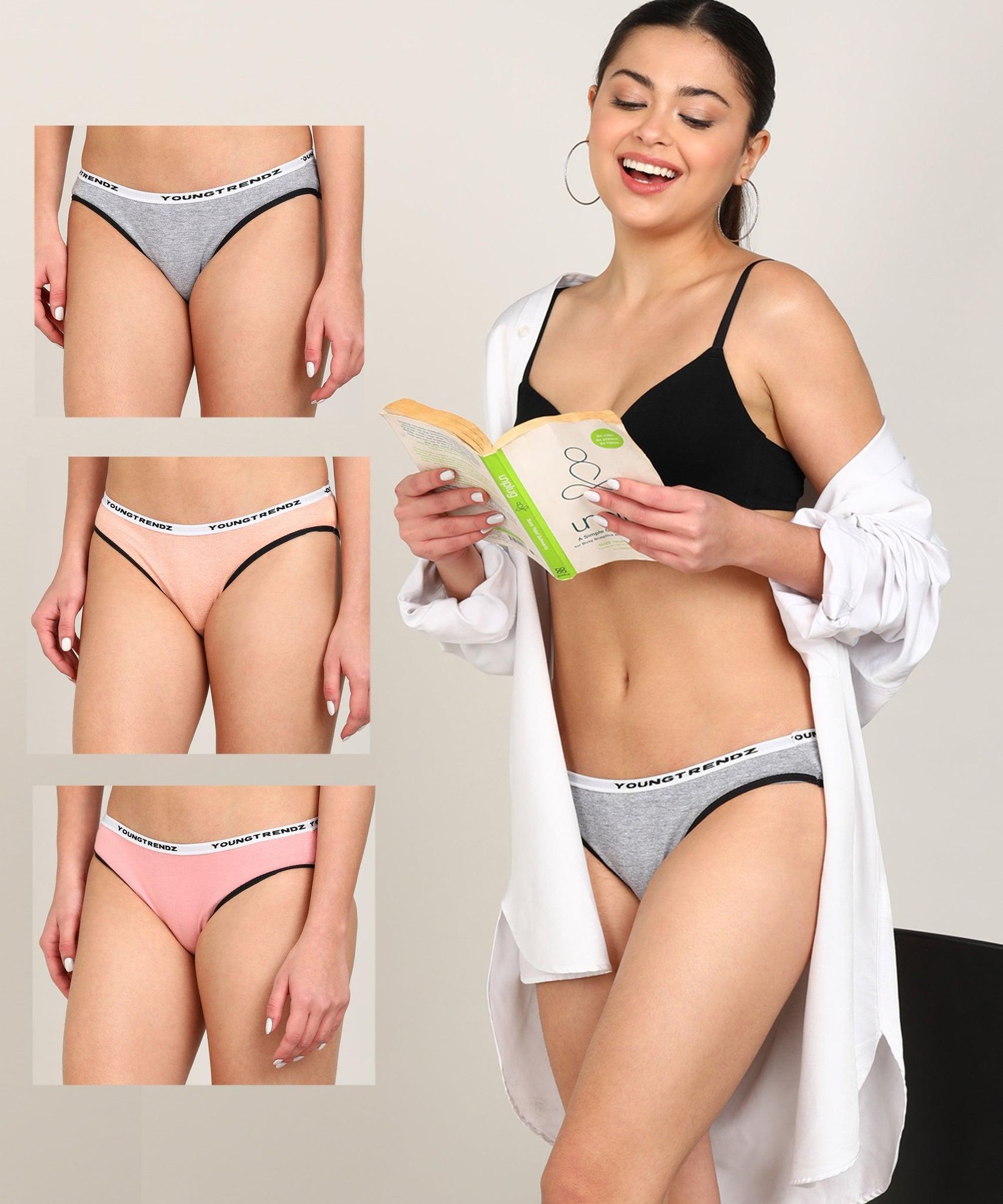Women Branded Elastic Hipster Pack Of 3 - Briefs-S / Grey+Peach+Pink